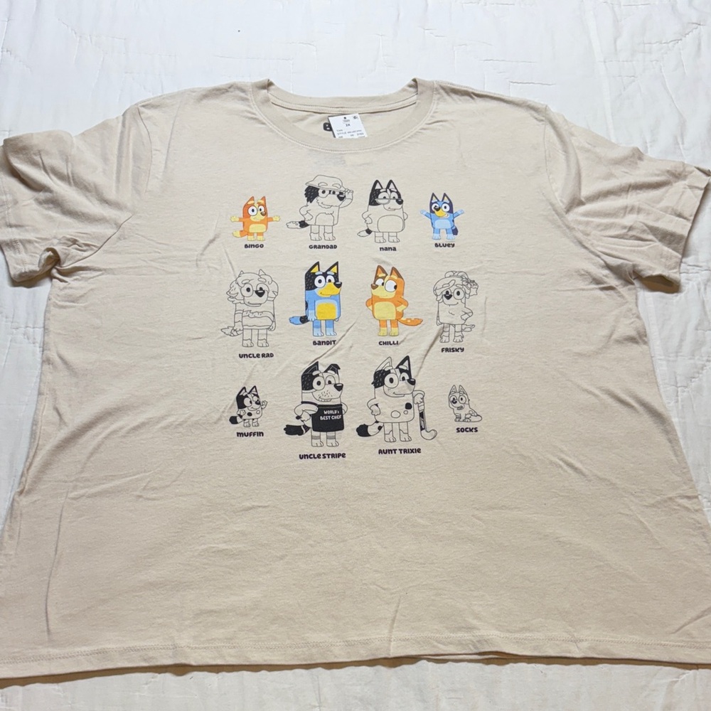 Bluey Characters Grid T-Shirt Tan Women's‎ 2X NWT Bandit Chilli Bingo Heeler